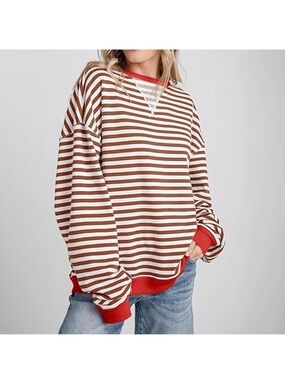 Striped Brown & White Oversized Sweatshirt with Red Trim